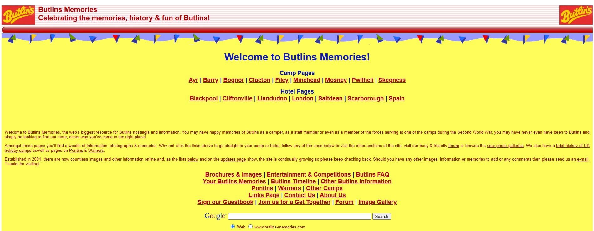 2009 screenshot of Butlins Memorabilia website