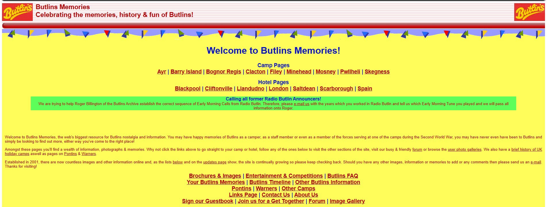 2009 screenshot of Butlins Memorabilia website