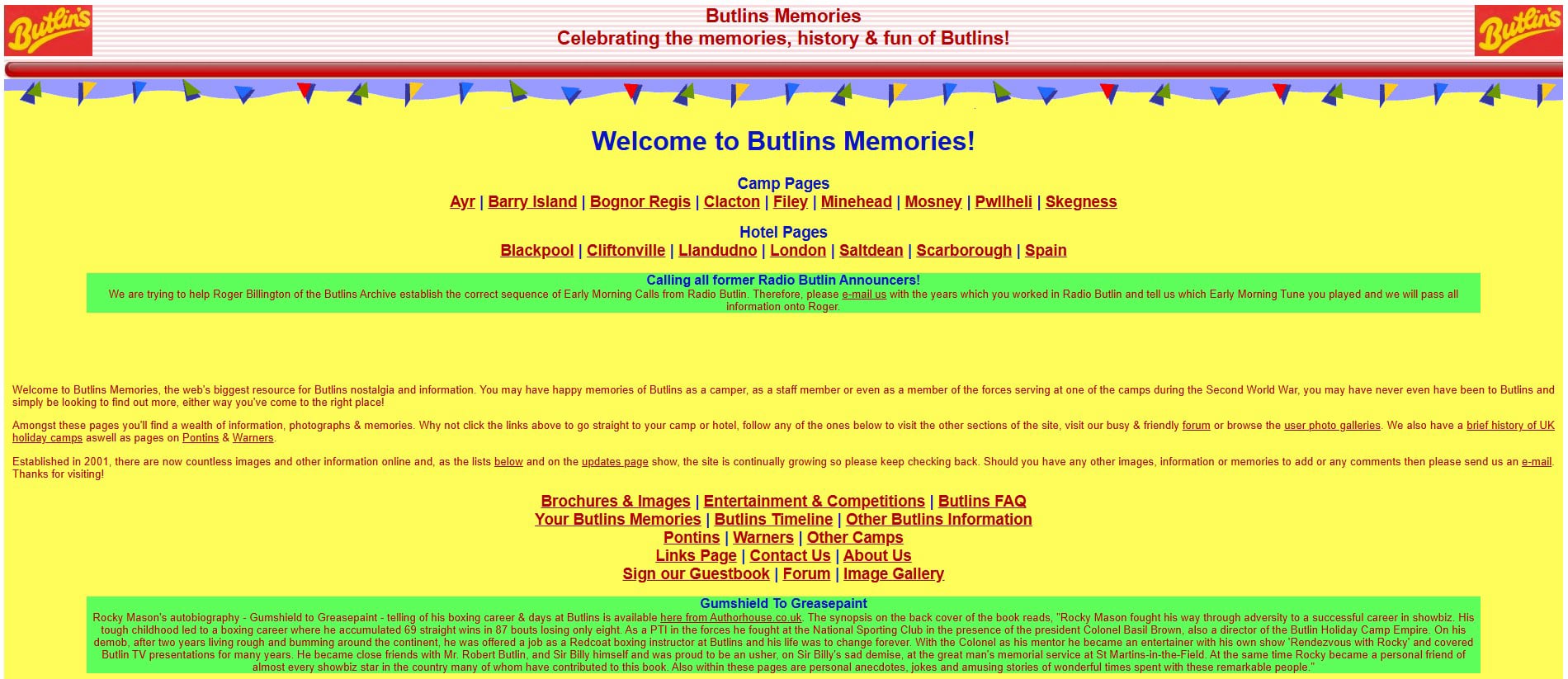 2011 screenshot of Butlins Memorabilia website