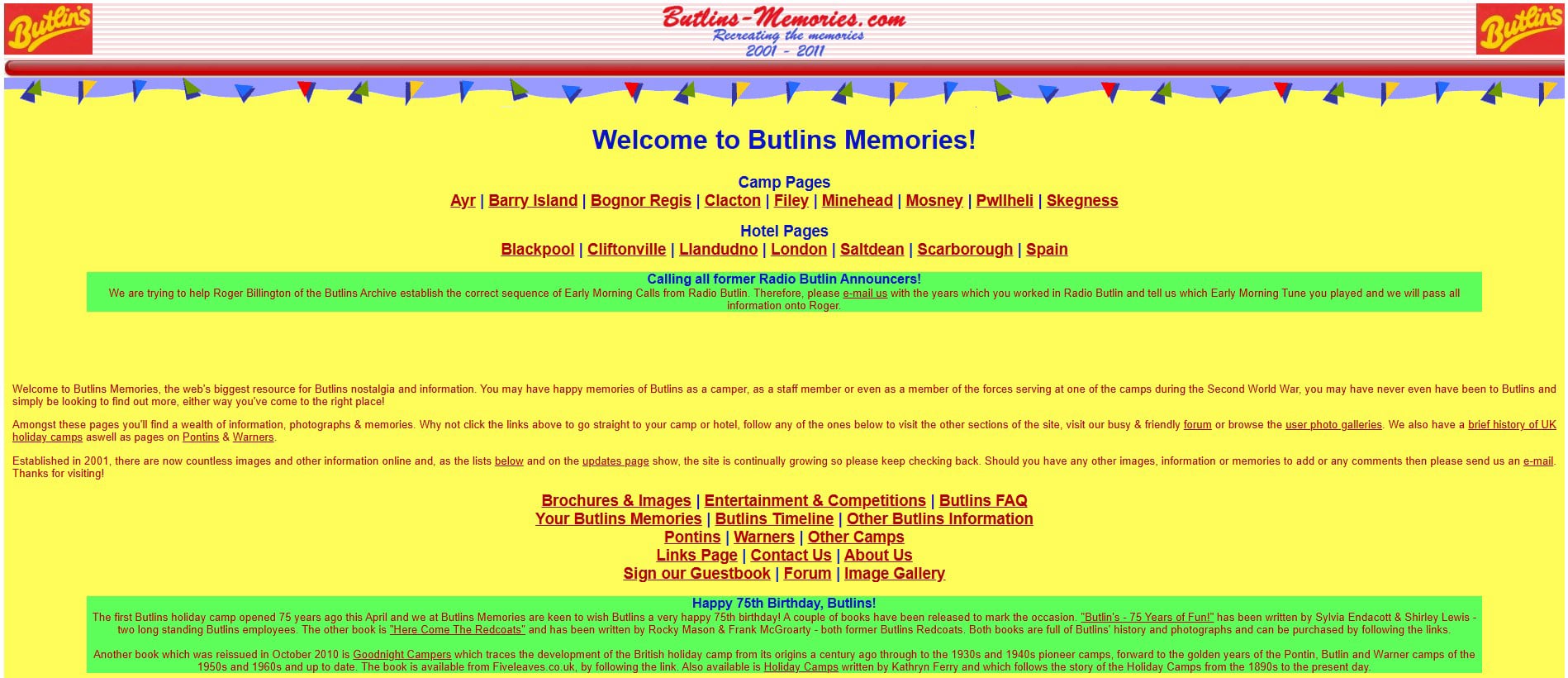 2011 screenshot of Butlins Memorabilia website