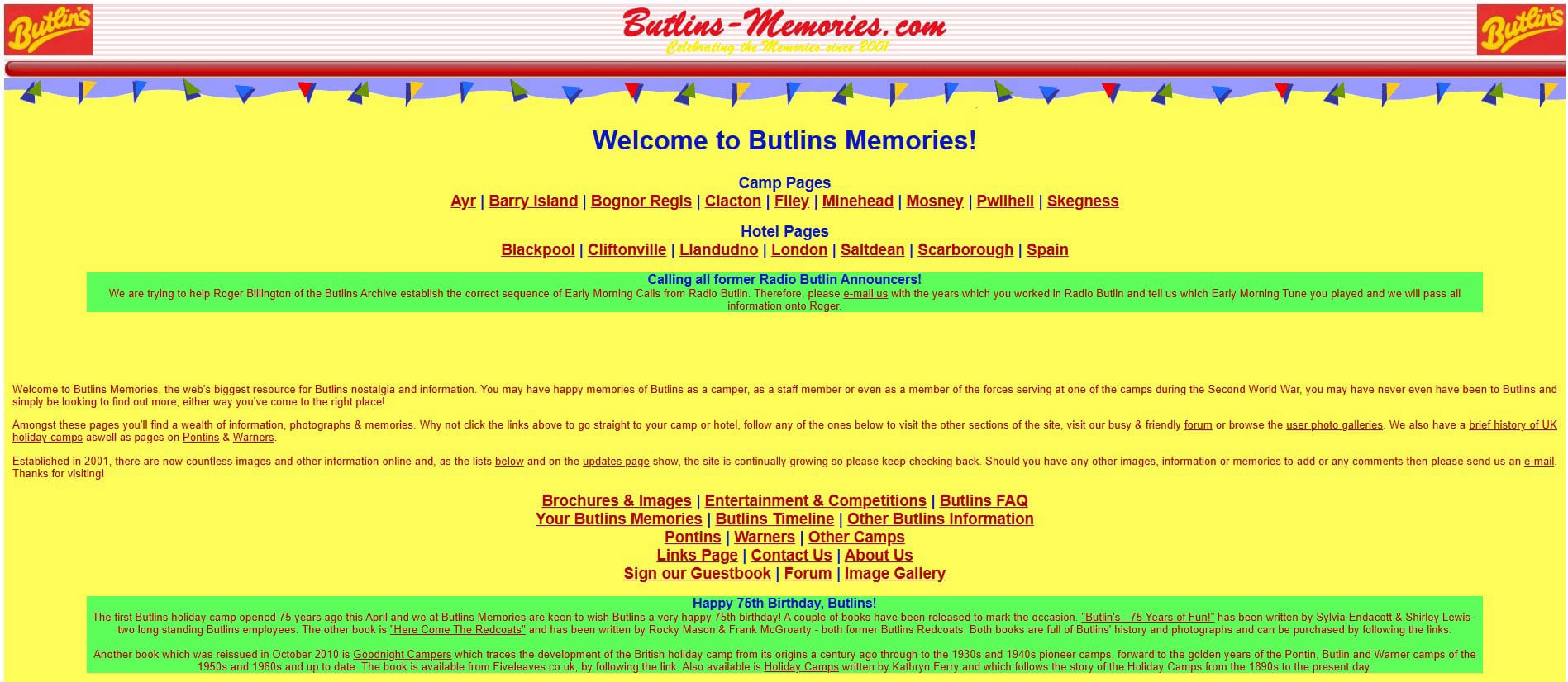2011 screenshot of Butlins Memories website