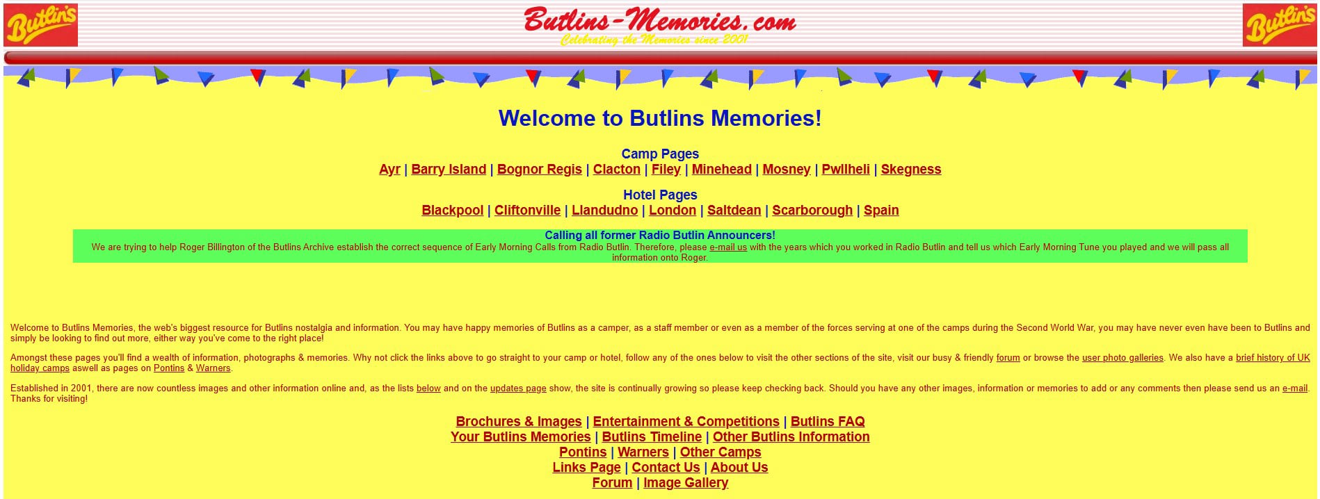 2012 screenshot of Butlins Memorabilia website