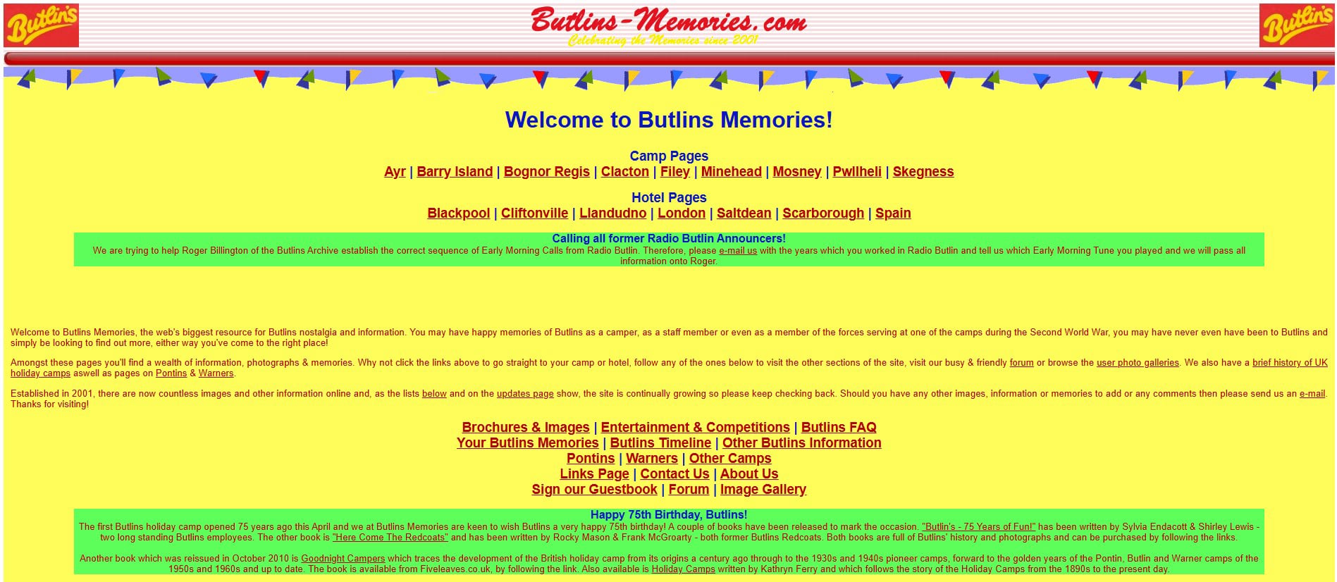 2011 screenshot of Butlins Memorabilia website