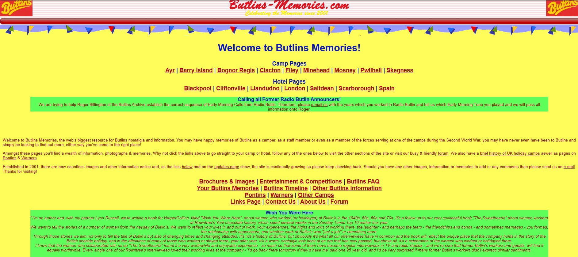 2013 screenshot of Butlins Memorabilia website