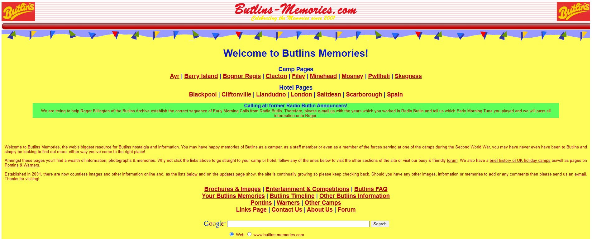 2013 screenshot of Butlins Memorabilia website