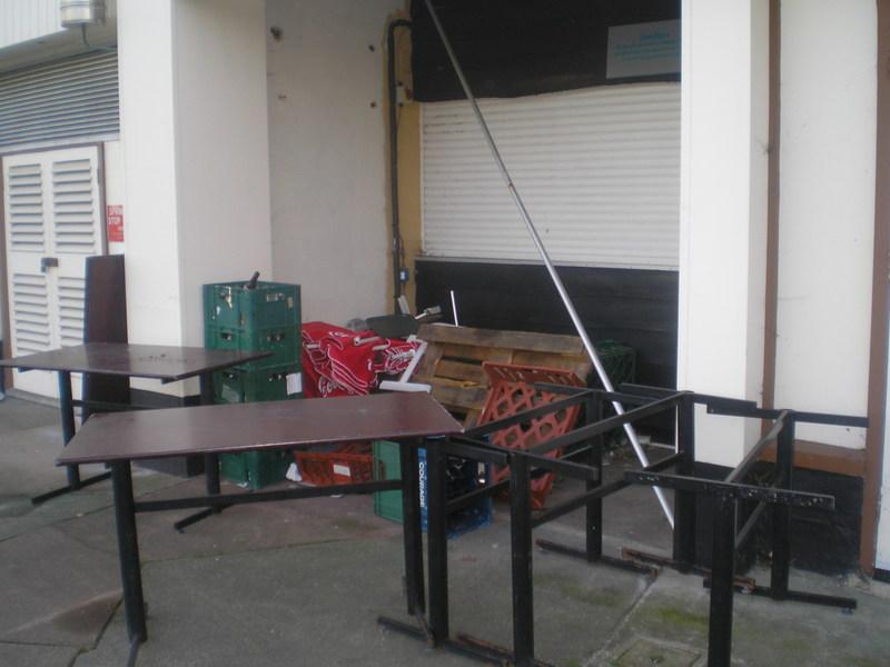Tables etc at the front of the old building