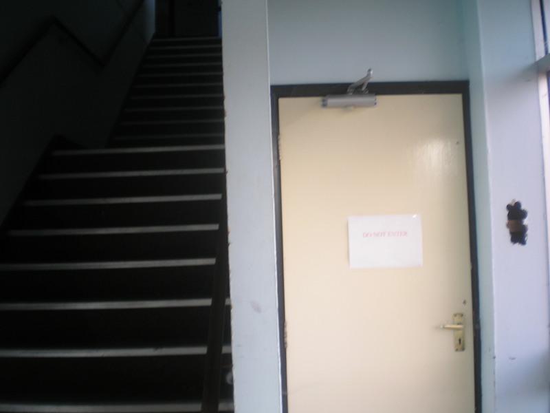 Just inside the front of the old reception building
