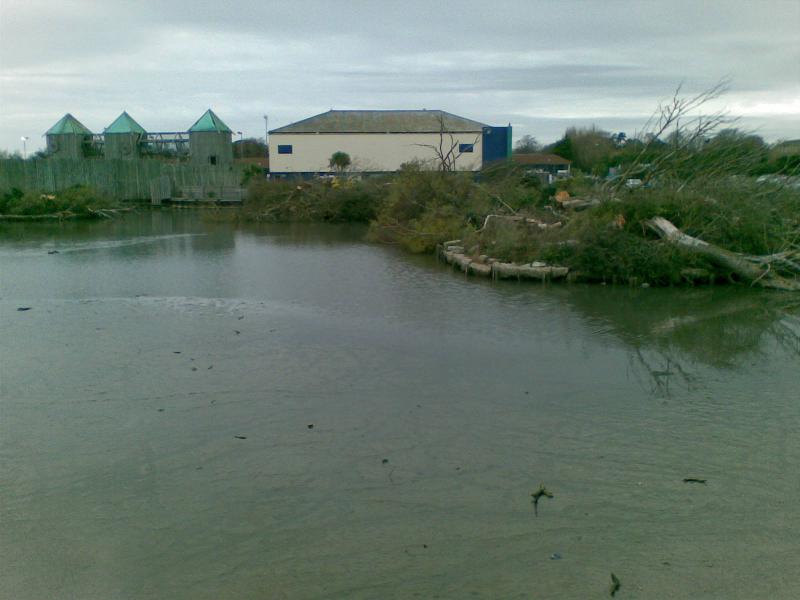 The boating lake with the reception building in the background