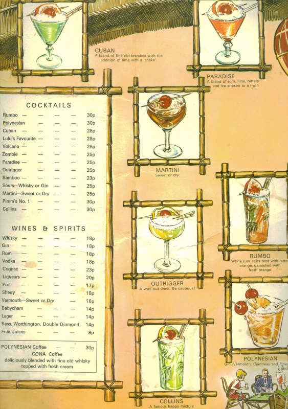 1970s Butlins Beachcomber Bar Menu