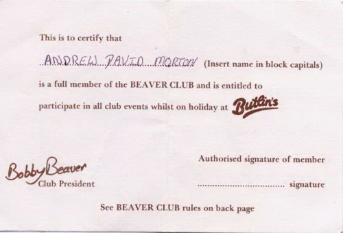 Beaver Club Card (back)