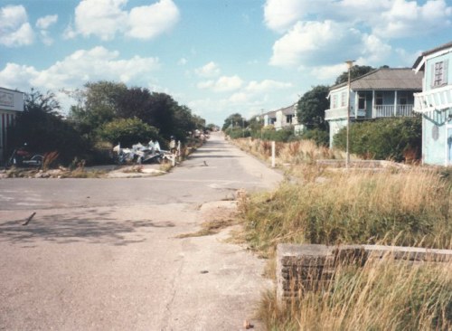 Garage forecourt to the left and Green Camp to the right