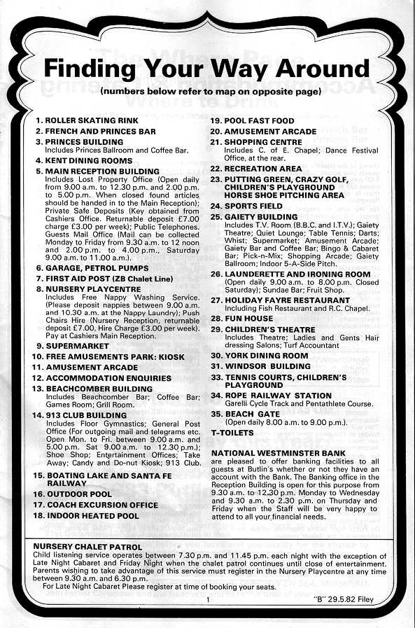 Key to Filey Map from 1982