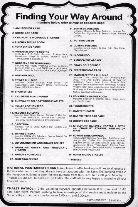 Butlins Skegness Map Key 1982