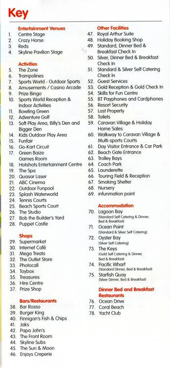 Key to Butlins Skegness Map 2009