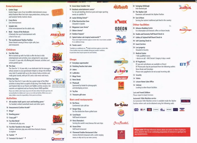 Butlins Skegness Map Key 2001