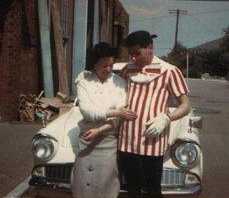 Andy King and Choreographer Dizzie Mansell trying on the clown costume for the 1961 Skegness Redcoat Show